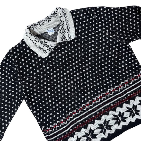 Vintage 1980s Black White Snowflake Knit Sweater Large Bedford Fair USA Acrylic - Picture 1 of 6